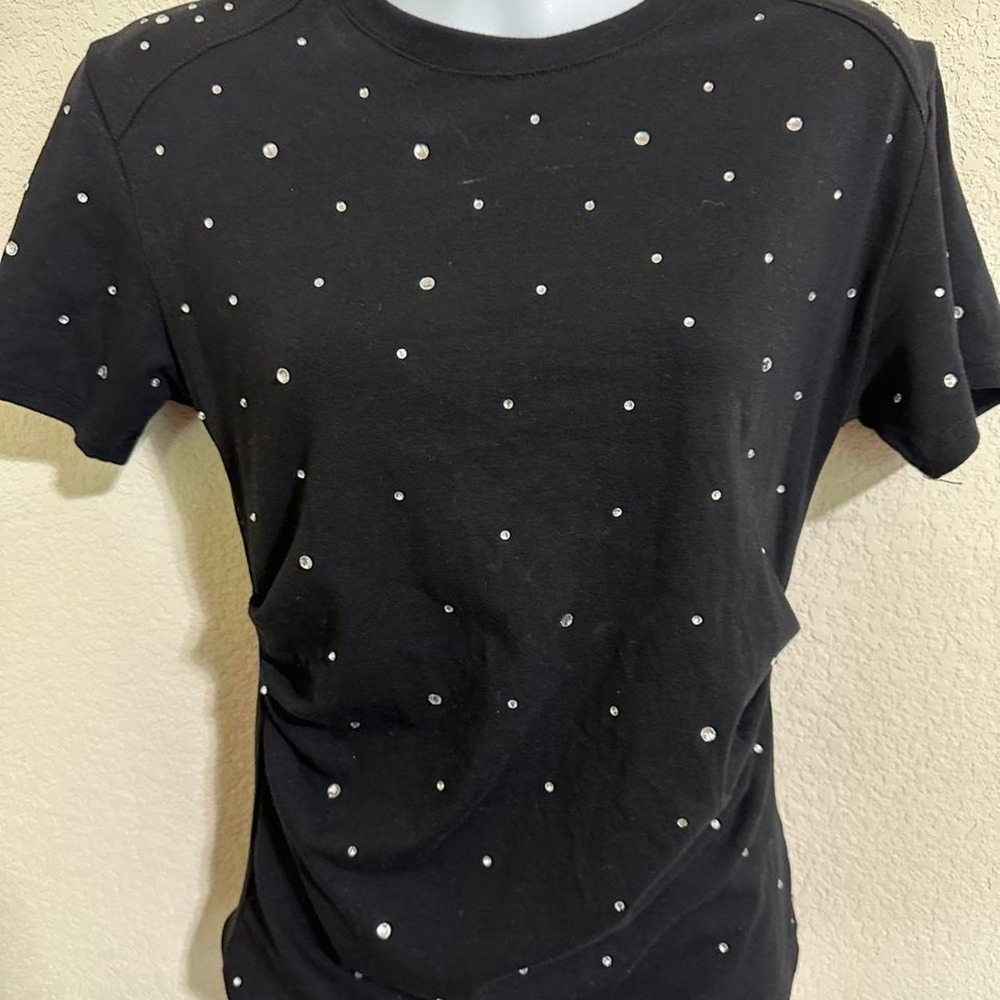 Balboa Fashion Nathalia Black Rhinestone Ruched Short Sleeve Top Women's M